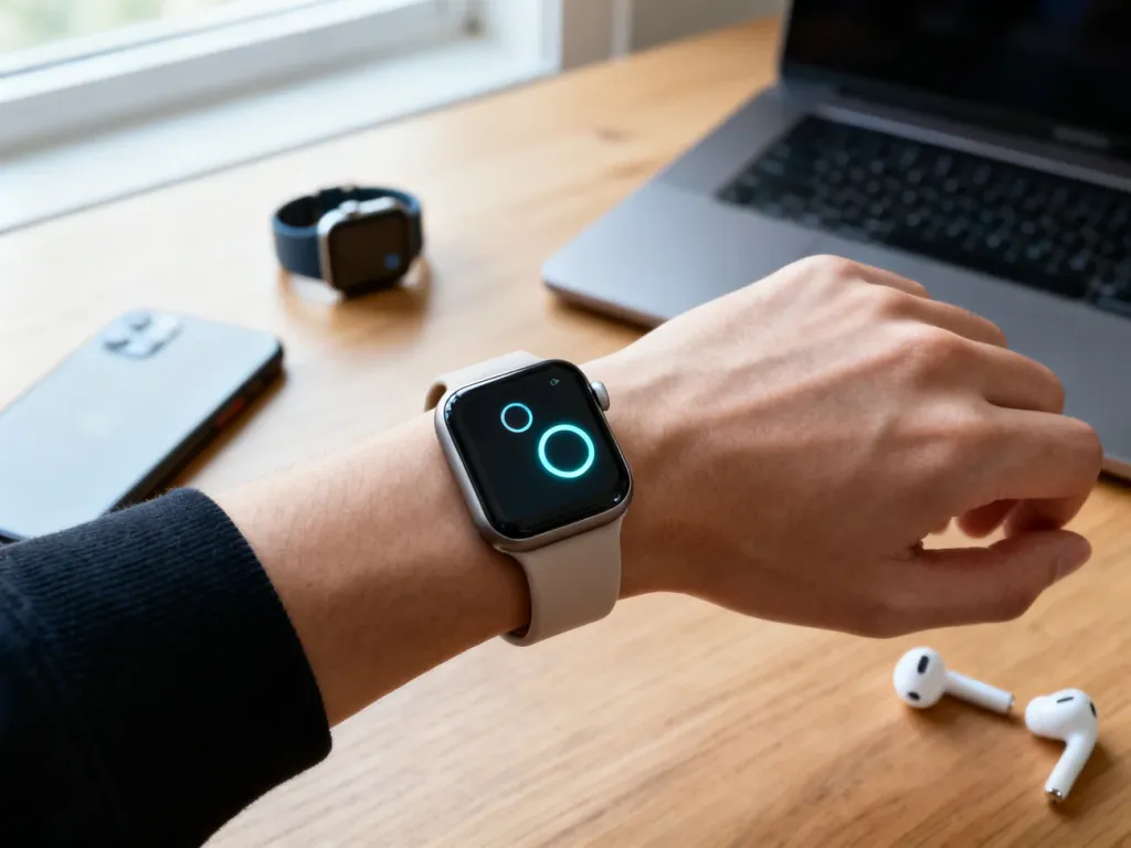 Nowoczesny smartwatch na nadgarstku przy laptopie i słuchawkach, porównanie modeli w minimalistycznym, biurowym otoczeniu.