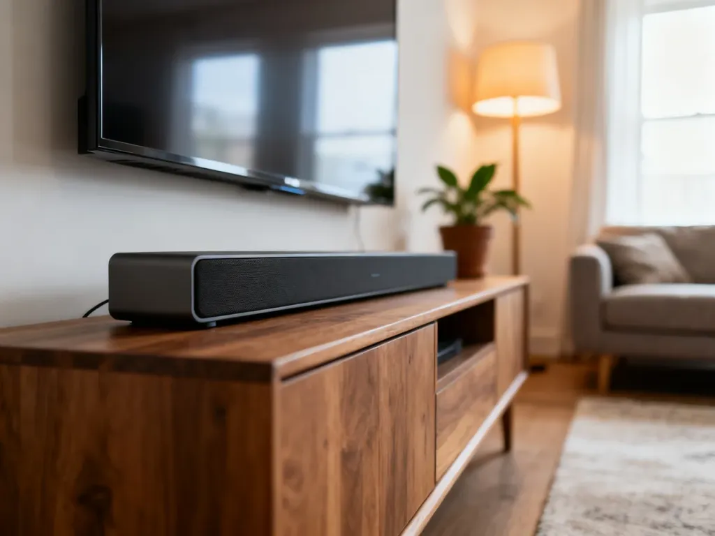 Elegancki soundbar na drewnianej szafce RTV w przytulnym salonie, podłączony do dużego telewizora na ścianie.