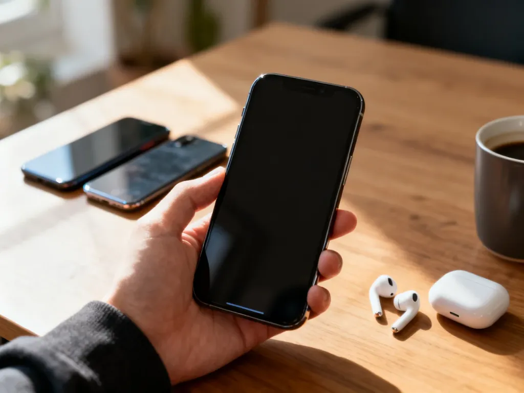 Smartfon trzymany w dłoni na biurku obok słuchawek i kawy, w tle dwa inne modele sugerujące wybór i porównanie.