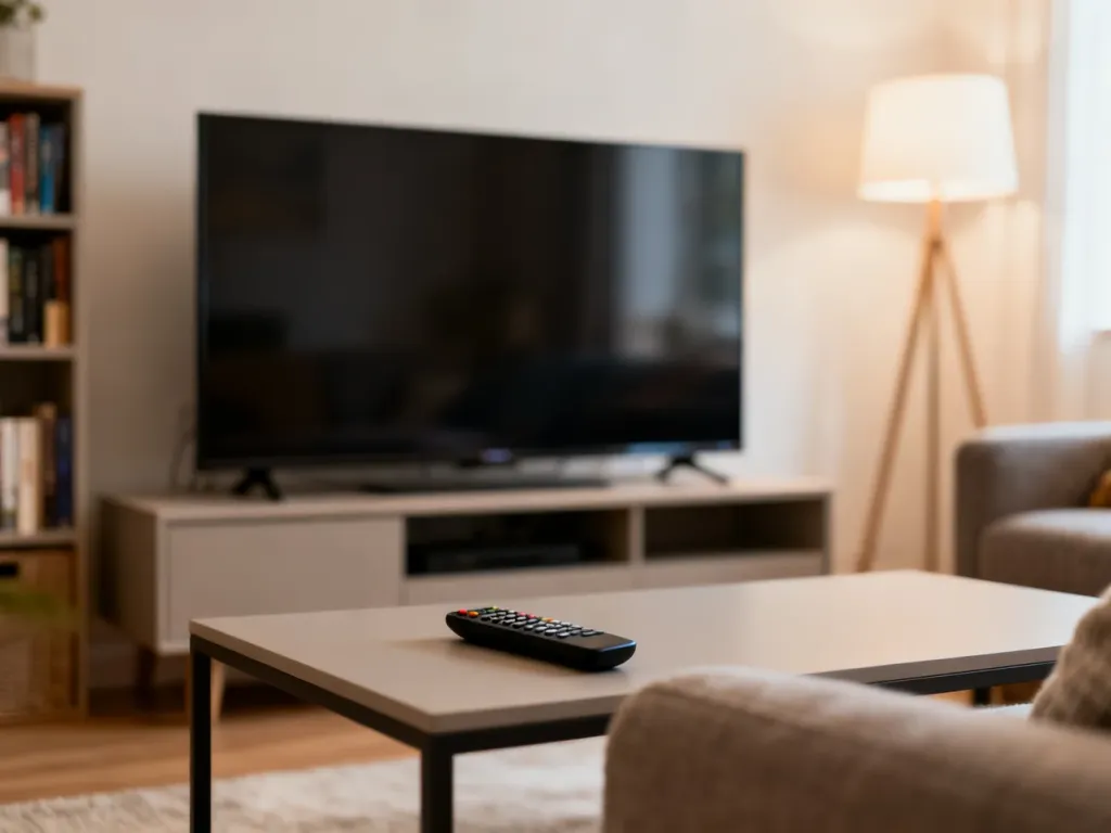 Nowoczesny salon z dużym telewizorem 65 cali na szafce RTV, podkreślający komfortowe warunki do oglądania filmów i seriali.