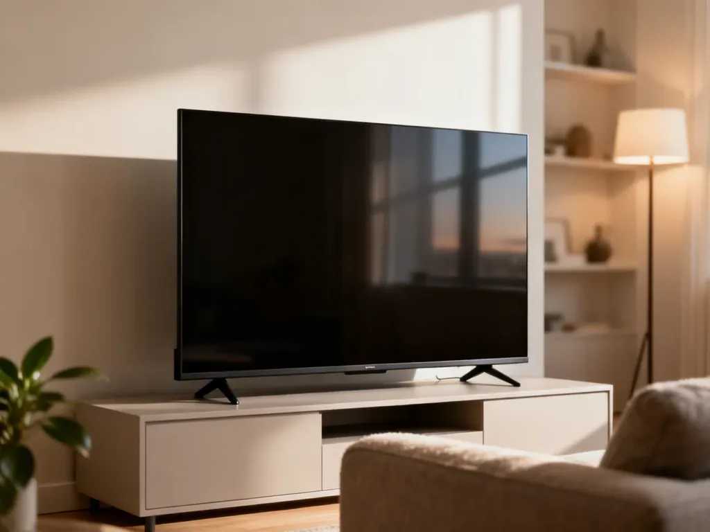 Elegancki telewizor 55 cali w nowoczesnym salonie, na minimalistycznej szafce RTV, w przytulnym, jasno oświetlonym wnętrzu.