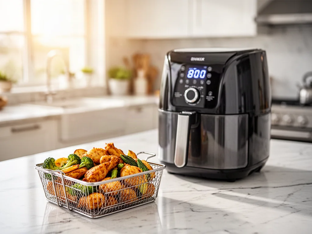 Nowoczesny airfryer na marmurowym blacie z koszykiem pełnym chrupiących warzyw i kurczaka w słonecznej kuchni.