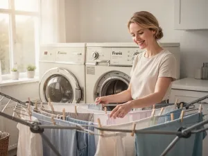 Wnętrze bębna pralki z białą koszulą posiadającą ciemne zabrudzenia, ilustrujące problem brudzenia ubrań podczas prania.