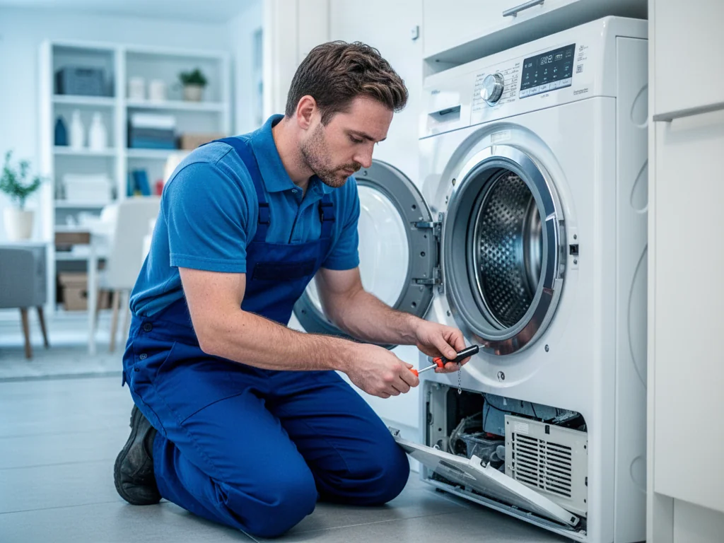 Serwisant naprawiający pralkę Whirlpool, otwierający dolny panel serwisowy za pomocą śrubokręta.