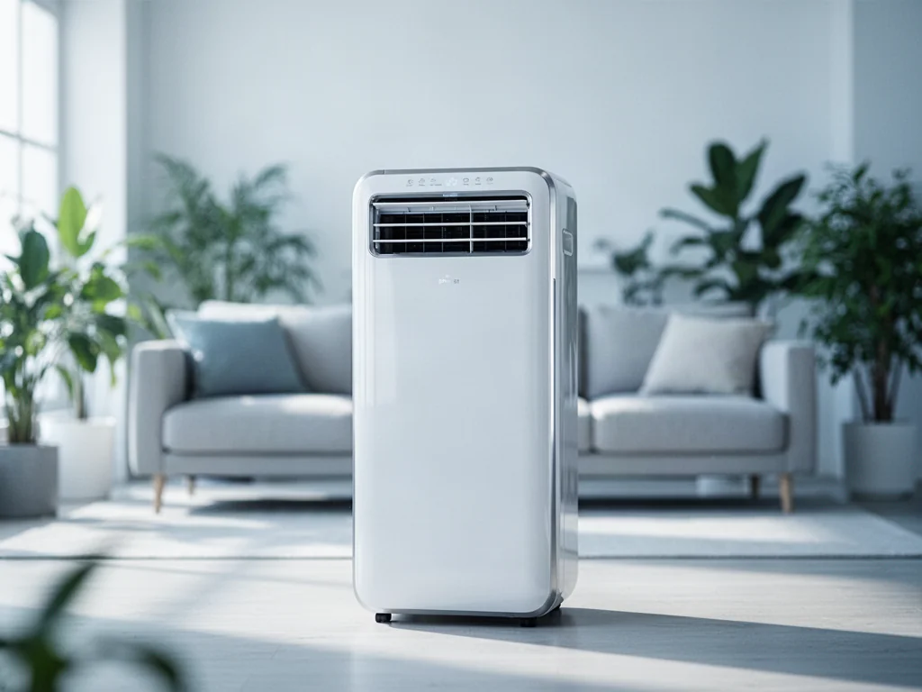 Nowoczesny, biały klimatyzator przenośny stojący w jasnym, minimalistycznym salonie z roślinami w tle.