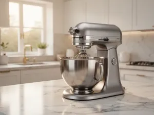 Nowoczesny airfryer na marmurowym blacie z koszykiem pełnym chrupiących warzyw i kurczaka w słonecznej kuchni.