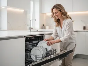 Kobieta wsuwa blachę do nowoczesnego piekarnika do zabudowy w jasnej, minimalistycznej kuchni.